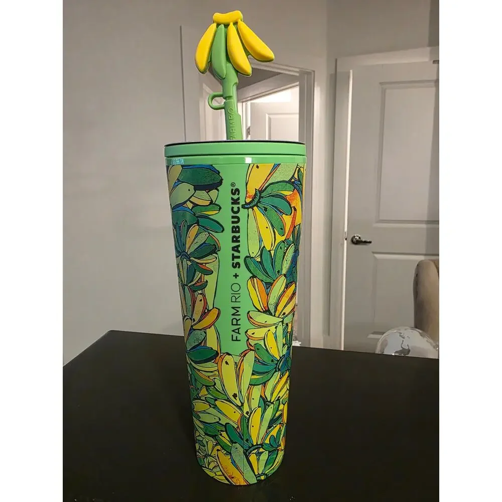 Starbucks Farm Rio Yellow & Green Straw Tumbler with Banana Topper